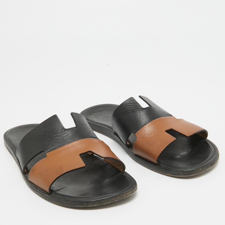 Pre Owned Hermes Black/Brown Leather Izmir Flat Slides Size 42