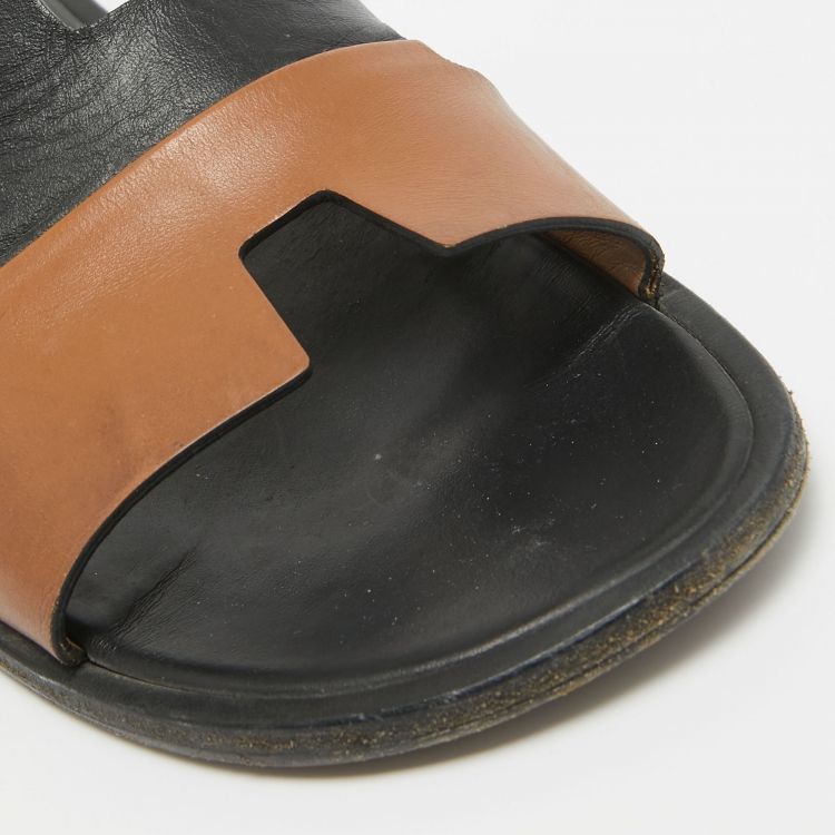 Pre Owned Hermes Black/Brown Leather Izmir Flat Slides Size 42