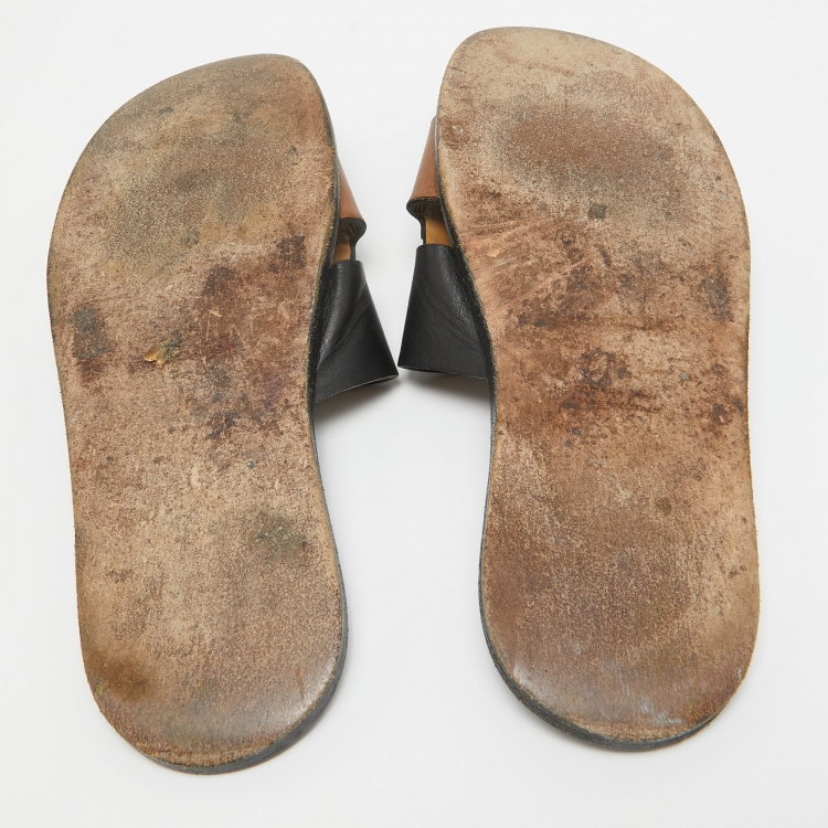 Pre Owned Hermes Black/Brown Leather Izmir Flat Slides Size 42