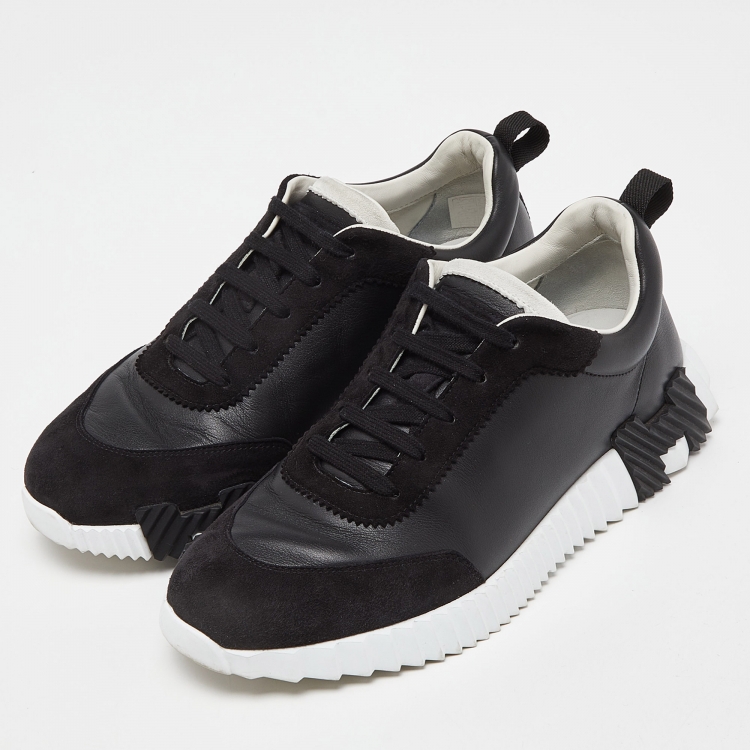 مملوكة مسبقًا Hermes Black Leather and Suede Depart Sneakers Size 42.5