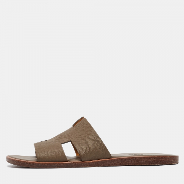 Pre Owned Hermes Grey Leather Izmir Flat Slides Size 42
