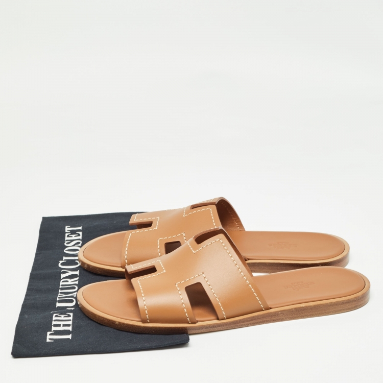 Pre Owned Hermes Brown Leather Izmir Slide Flats Size 41