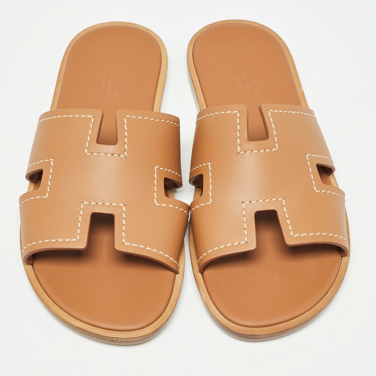 Pre Owned Hermes Brown Leather Izmir Slide Flats Size 41