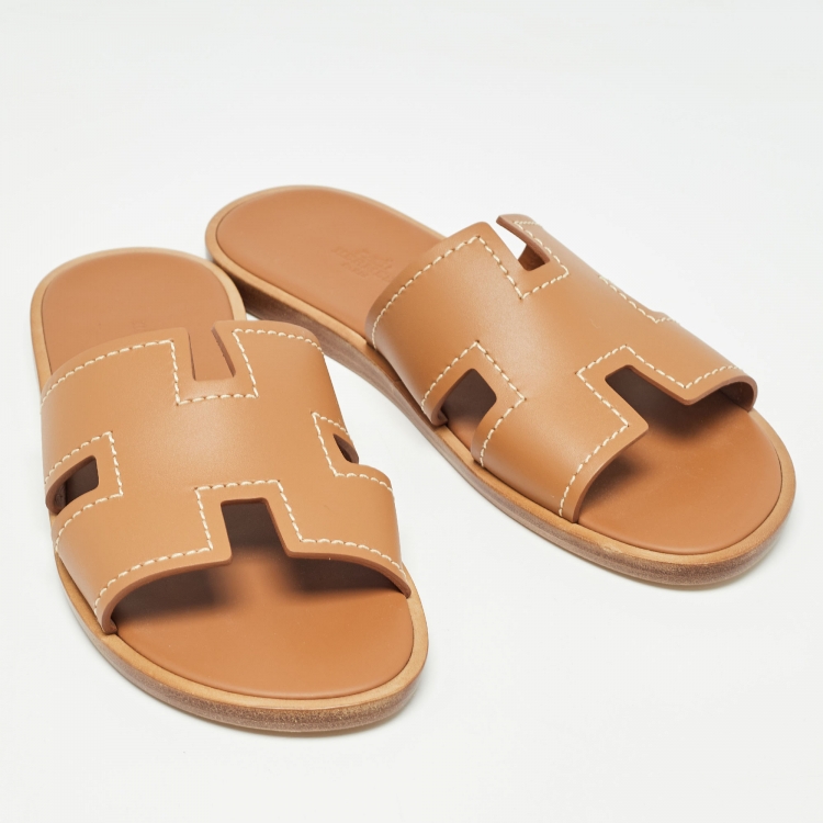 Pre Owned Hermes Brown Leather Izmir Slide Flats Size 41