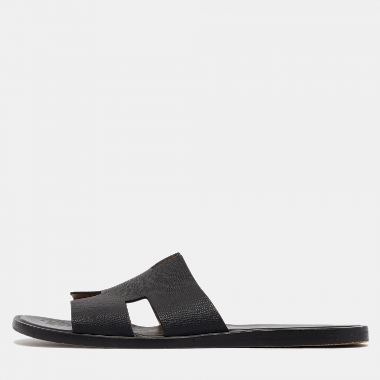 Pre Owned Hermes Black Leather Izmir Slides Size 43.5