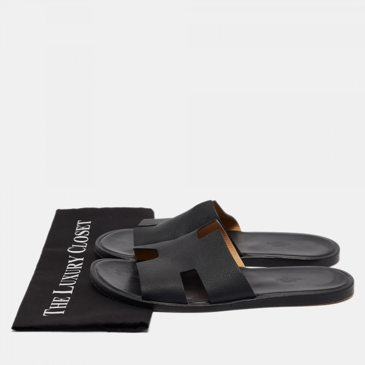 Pre Owned Hermes Black Leather Izmir Slides Size 43.5