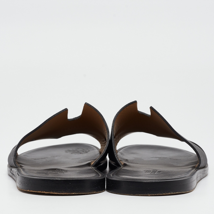 Pre Owned Hermes Black Leather Izmir Slides Size 43.5