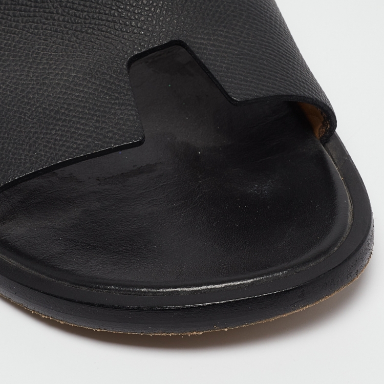 Pre Owned Hermes Black Leather Izmir Slides Size 43.5