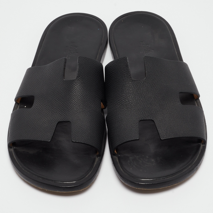 Pre Owned Hermes Black Leather Izmir Slides Size 43.5