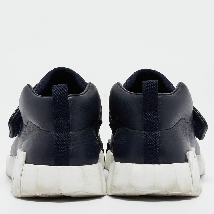 Pre Owned Hermes Navy Blue Leather and Canvas H Sneakers Size 45