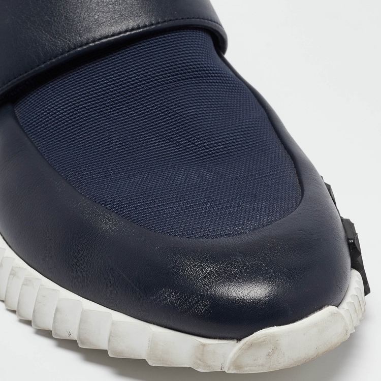 Pre Owned Hermes Navy Blue Leather and Canvas H Sneakers Size 45