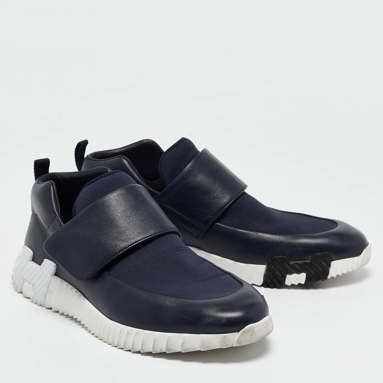 Pre Owned Hermes Navy Blue Leather and Canvas H Sneakers Size 45
