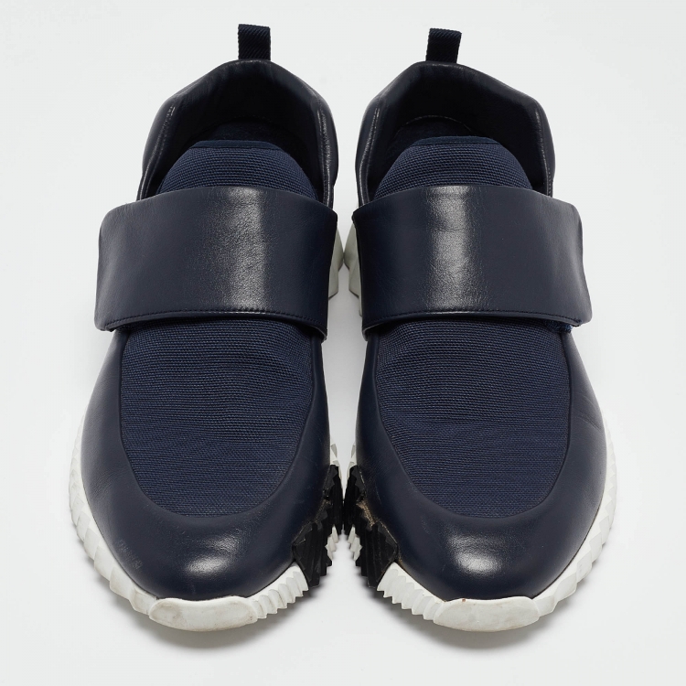 Pre Owned Hermes Navy Blue Leather and Canvas H Sneakers Size 45