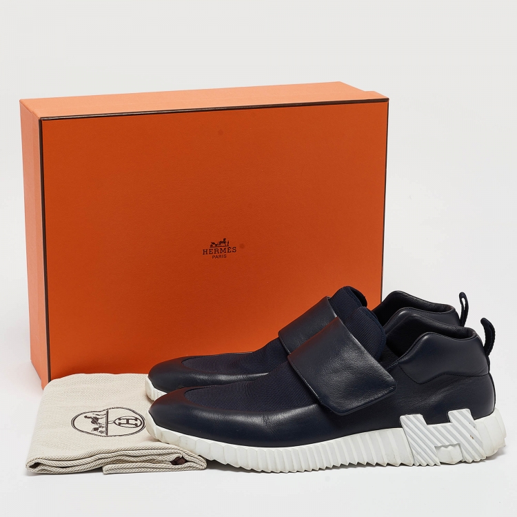 Pre Owned Hermes Navy Blue Leather and Canvas H Sneakers Size 45