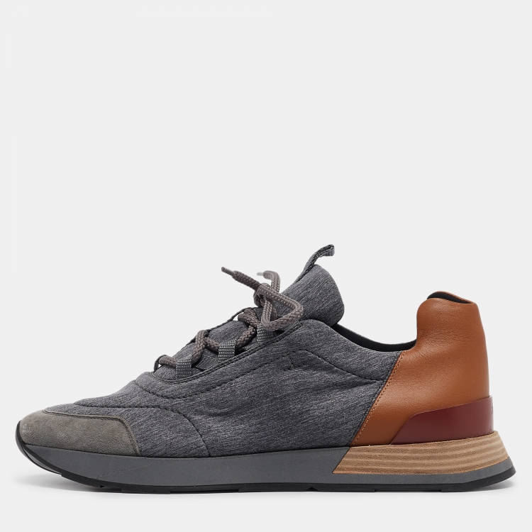 Pre Owned Hermes Grey Suede and Fabric Bouncing Lace Up Sneakers Size 43.5