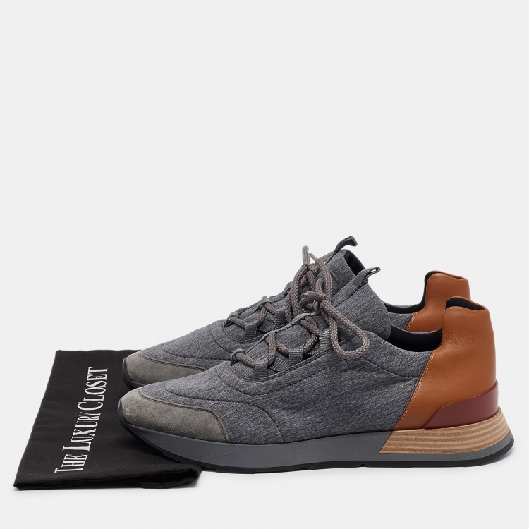 Pre Owned Hermes Grey Suede and Fabric Bouncing Lace Up Sneakers Size 43.5