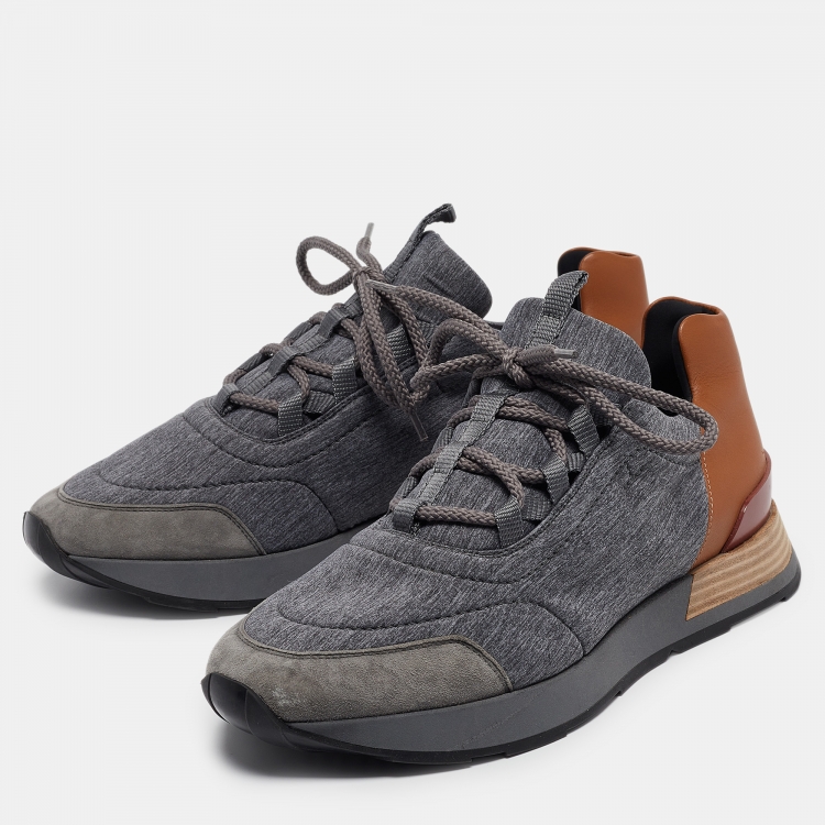 Pre Owned Hermes Grey Suede and Fabric Bouncing Lace Up Sneakers Size 43.5