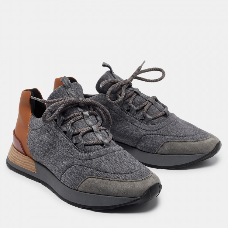 Pre Owned Hermes Grey Suede and Fabric Bouncing Lace Up Sneakers Size 43.5