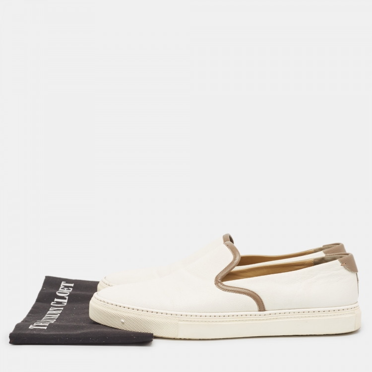 Pre Owned Hermes White/Brown Leather Kick Slip On Sneakers Size 42