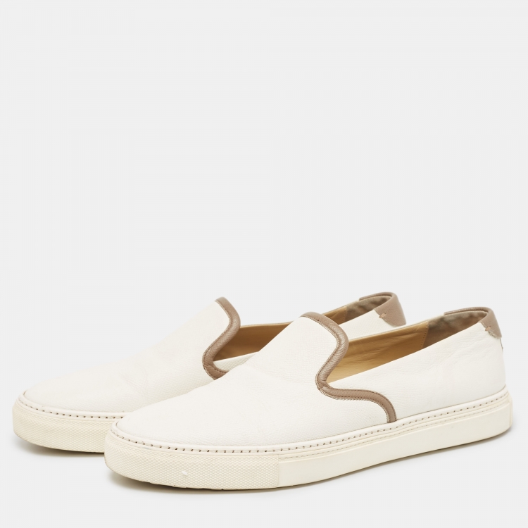 Pre Owned Hermes White/Brown Leather Kick Slip On Sneakers Size 42