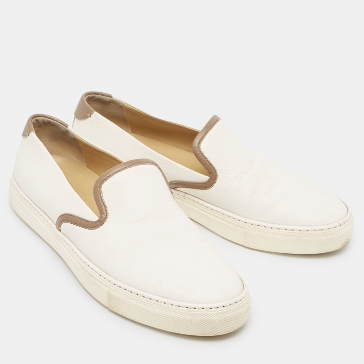 Pre Owned Hermes White/Brown Leather Kick Slip On Sneakers Size 42