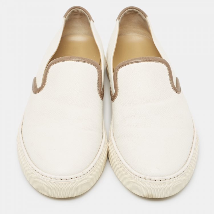 Pre Owned Hermes White/Brown Leather Kick Slip On Sneakers Size 42