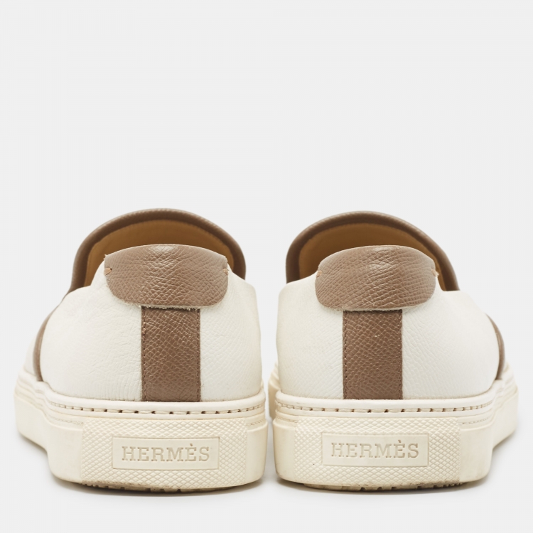 Pre Owned Hermes White/Brown Leather Kick Slip On Sneakers Size 42