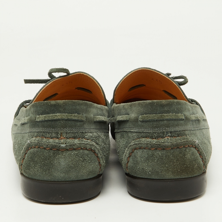 Pre Owned Hermes Green Suede Bow Accents Loafers Size 43.5