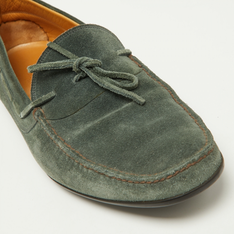 Pre Owned Hermes Green Suede Bow Accents Loafers Size 43.5