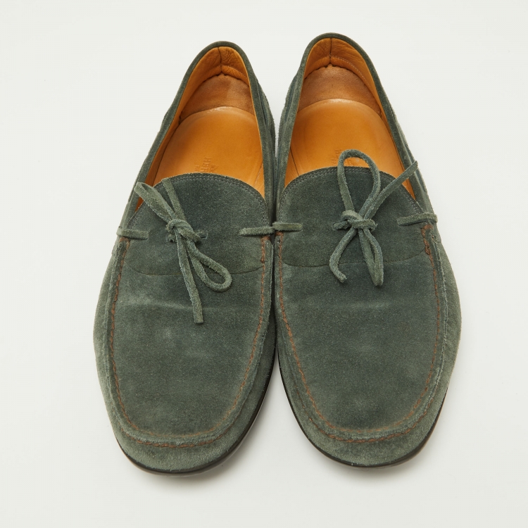 Pre Owned Hermes Green Suede Bow Accents Loafers Size 43.5
