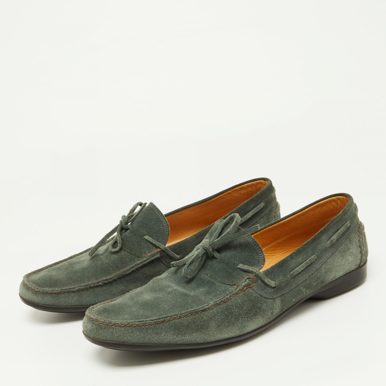 Pre Owned Hermes Green Suede Bow Accents Loafers Size 43.5