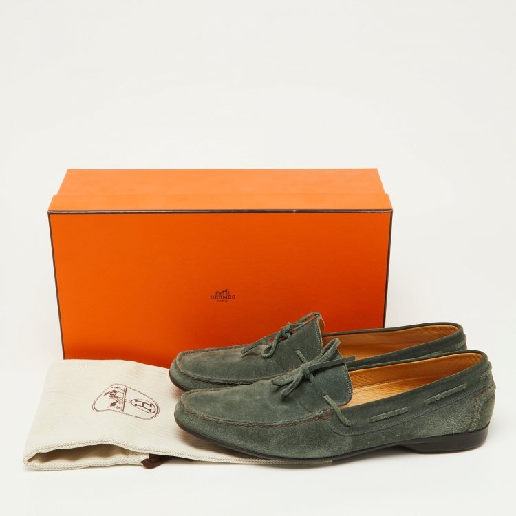 Pre Owned Hermes Green Suede Bow Accents Loafers Size 43.5