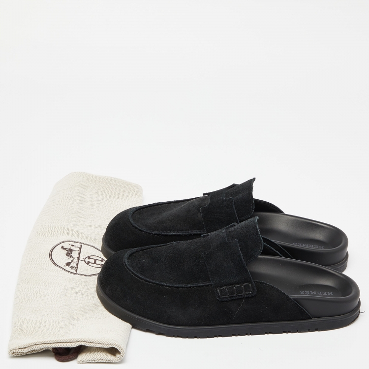 Pre Owned Hermes Black Suede Flat Mules Size 39.5