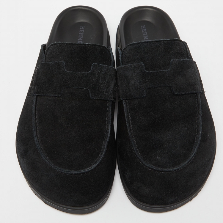 Pre Owned Hermes Black Suede Flat Mules Size 39.5