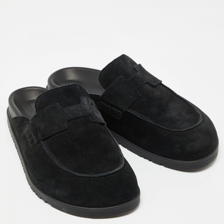 Pre Owned Hermes Black Suede Flat Mules Size 39.5