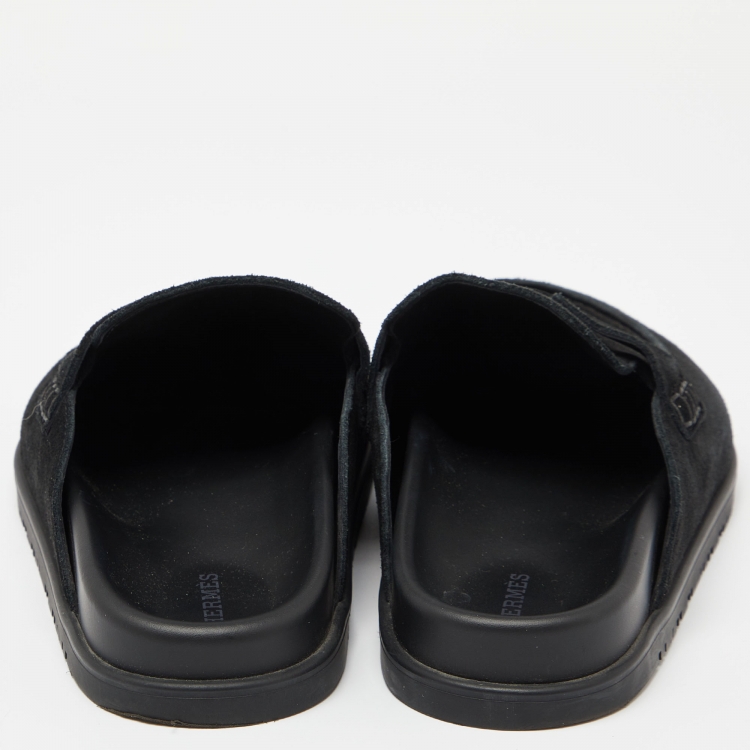 Pre Owned Hermes Black Suede Flat Mules Size 39.5