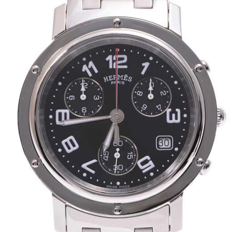 Pre Owned Hermes Black Stainless Steel Clipper Chrono CL1.910 Men's Wristwatch 38MM