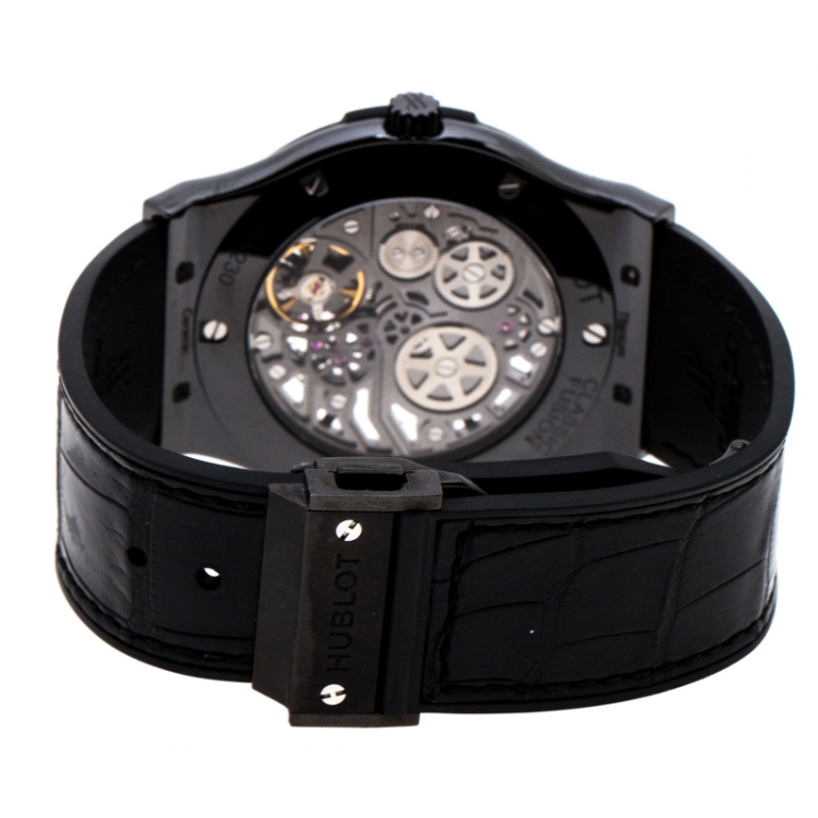 Pre Owned Hublot Skeleton Black Ceramic Rubber Leather Classic Fusion Ultra Thin 515.CM.0140.LR Men's Wristwatch 45 mm