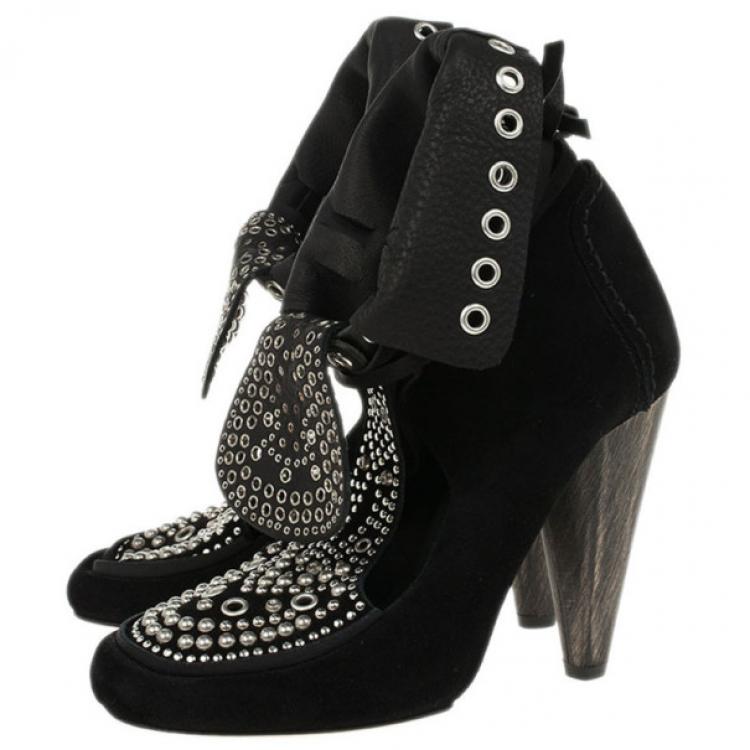 Pre Owned Isabel Marant Black Suede Mossa Studded Cutout Ankle Boots Size 37