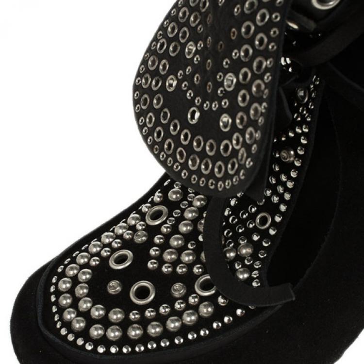 Pre Owned Isabel Marant Black Suede Mossa Studded Cutout Ankle Boots Size 37