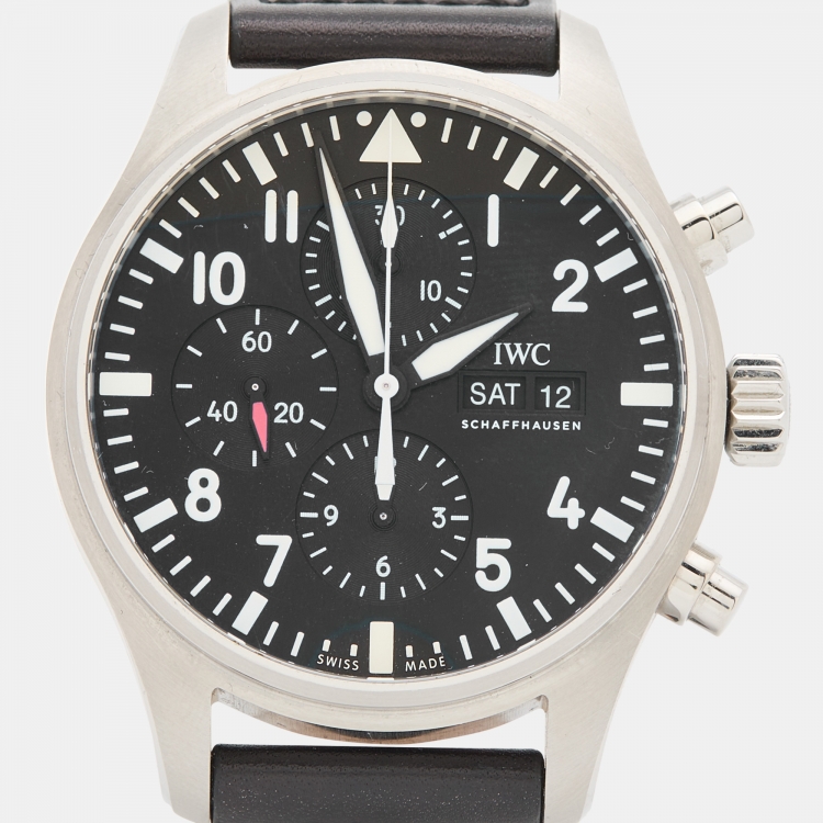 Pre Owned IWC Schaffhausen Black Stainless Steel Leather Pilot IW377709 Men's Wristwatch 43 mm