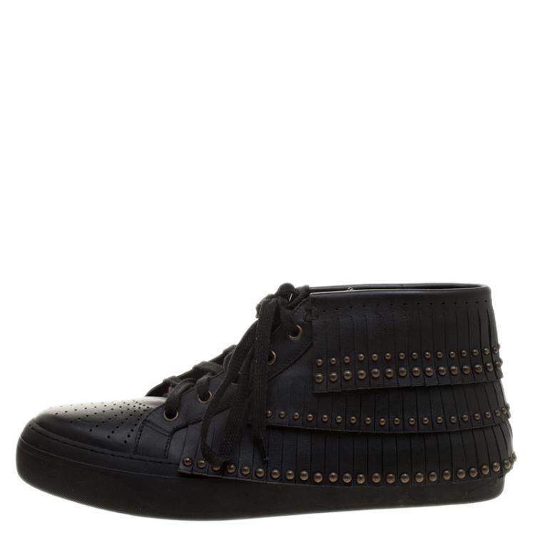 Pre Owned Jimmy Choo Black Leather Bastian Fringe High Top Sneakers Size 42