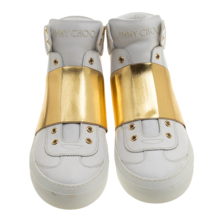 Pre Owned Jimmy Choo White Leather Archie Laceless High Top Sneakers Size 43.5