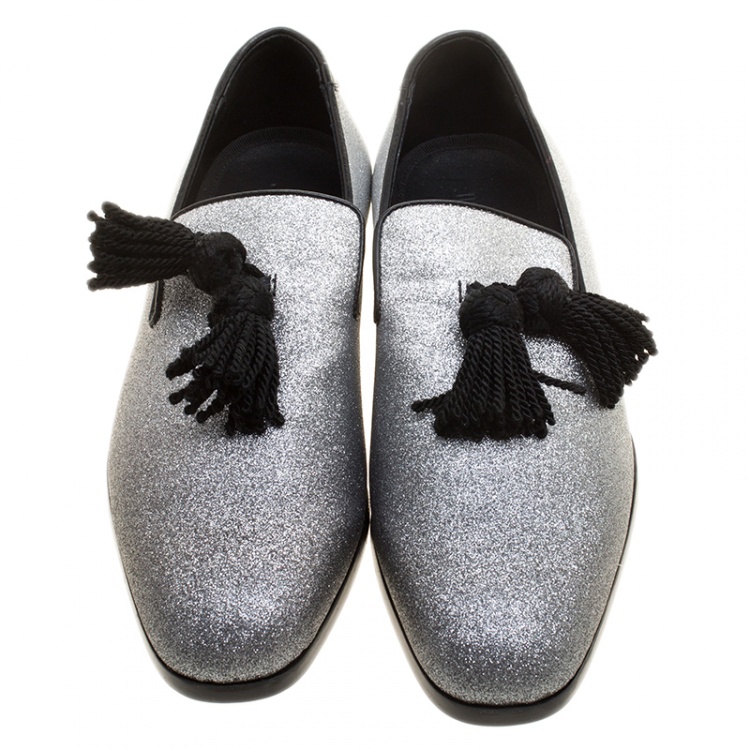 Pre Owned Jimmy Choo Metallic Silver Glitter Foxley Tassel Loafers Size 43