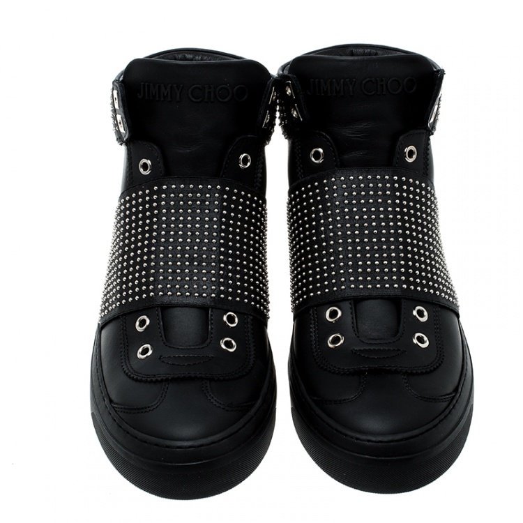 Pre Owned Jimmy Choo Black Studded Leather Archie High Top Sneakers Size 43