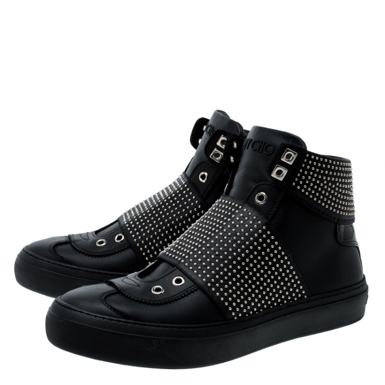 Pre Owned Jimmy Choo Black Studded Leather Archie High Top Sneakers Size 43