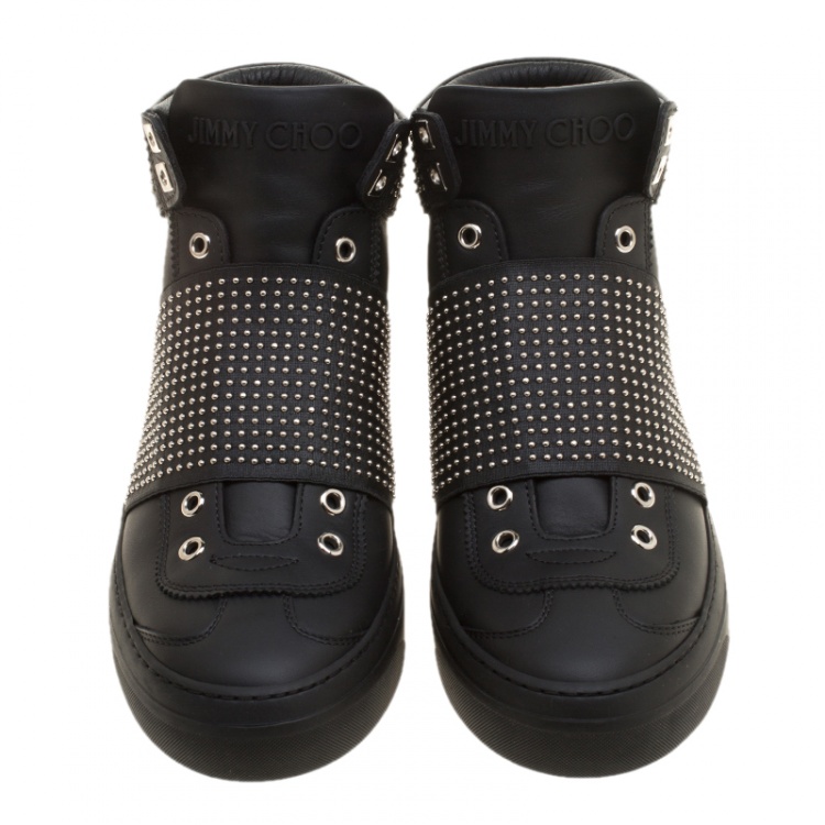 Pre Owned Jimmy Choo Black Studded Leather Archie High Top Sneakers Size 40.5