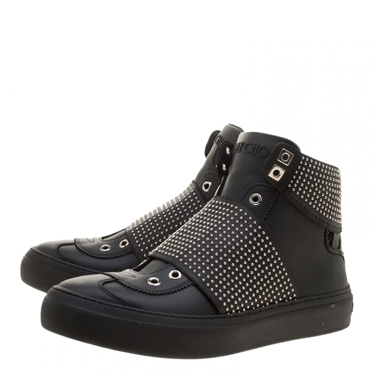 Pre Owned Jimmy Choo Black Studded Leather Archie High Top Sneakers Size 40.5