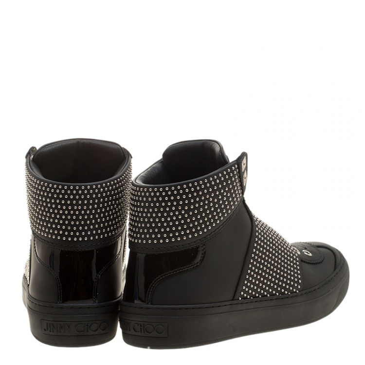 Pre Owned Jimmy Choo Black Studded Leather Archie High Top Sneakers Size 40.5
