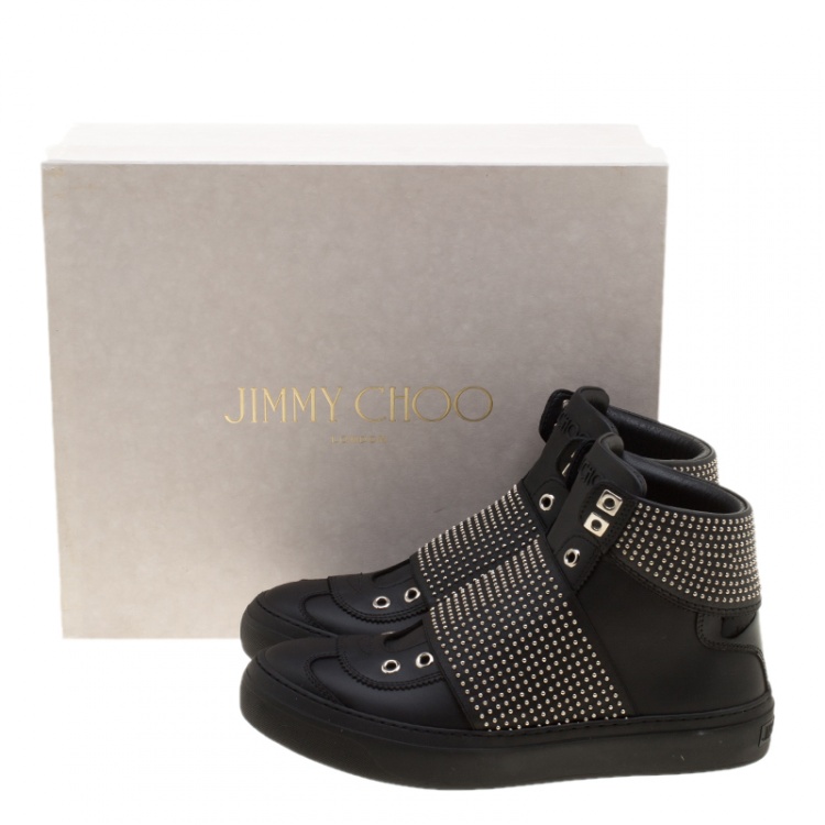 Pre Owned Jimmy Choo Black Studded Leather Archie High Top Sneakers Size 40.5